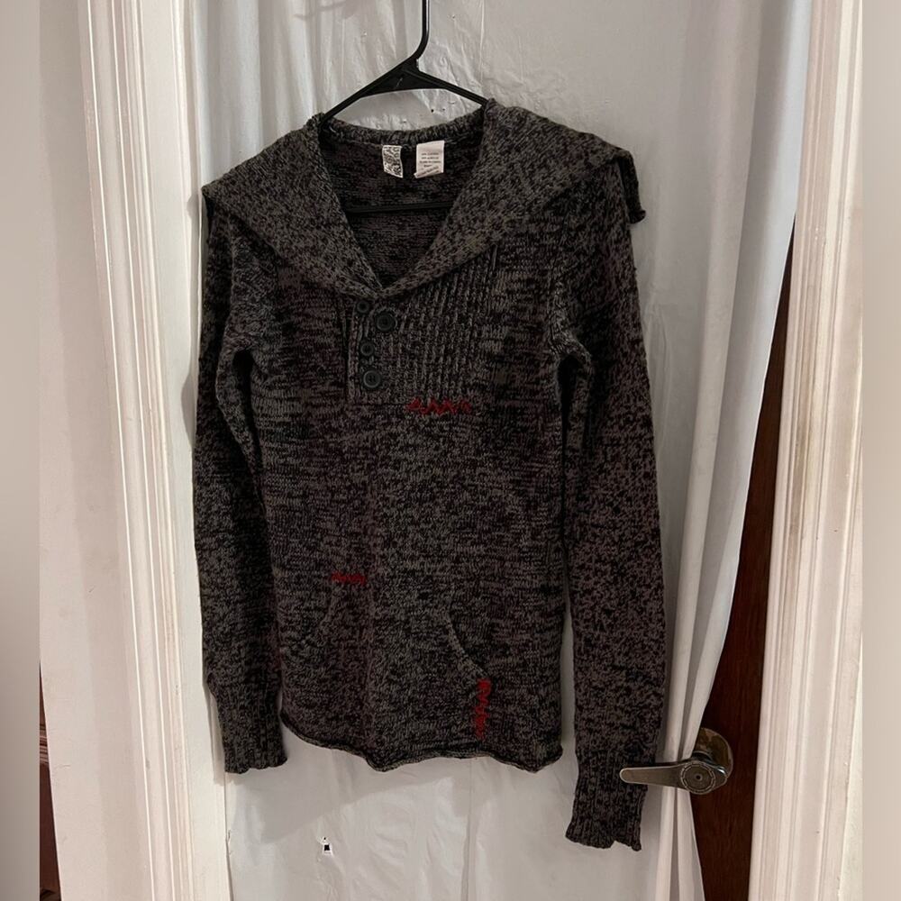 Bke gray black sweater red stitching 1/4 button boho hippie size medium